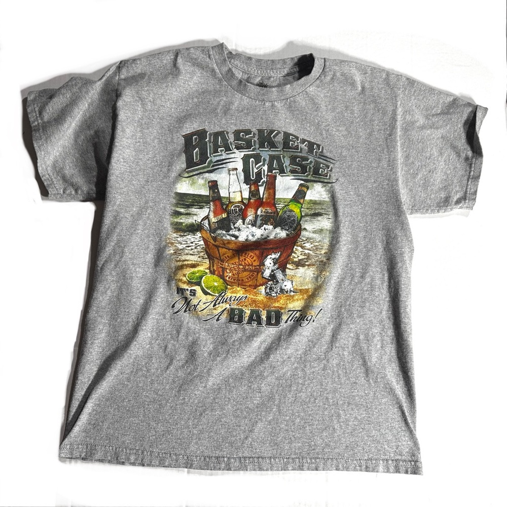 Cabo Joe Beer Basket Case Graphic T Shirt Sz L Gray Short Sleeve College Grunge
